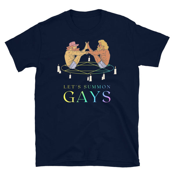 Funny Gay Shirt - Let's Summon Gays T-Shirt featuring playful bear design.