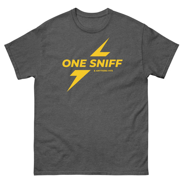 Funny gay shirt featuring 'One Sniff & Anything Fits' design in yellow on dark fabric.