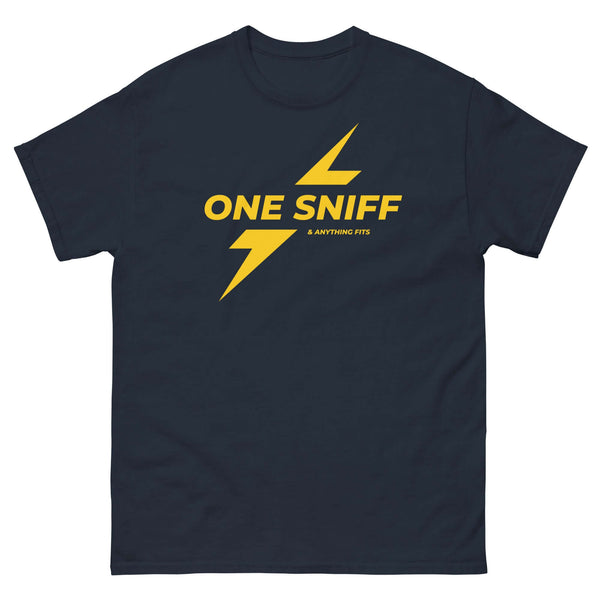 100% cotton navy shirt featuring bold lightning graphic, humorous design.