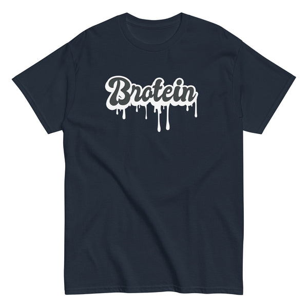 Funny Gay T-Shirt - Brotein with dripping text design on navy background.