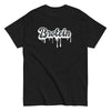 Funny Gay T-Shirt - Brotein with white dripping text on black fabric