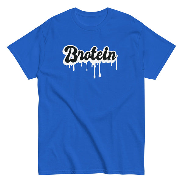 Funny Gay T-Shirt - Brotein in blue with dripping text design, ideal gay pride apparel.
