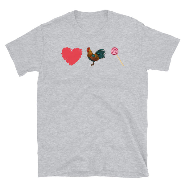 Funny Gay T-Shirt featuring heart, rooster, and lollipop design on gray fabric.