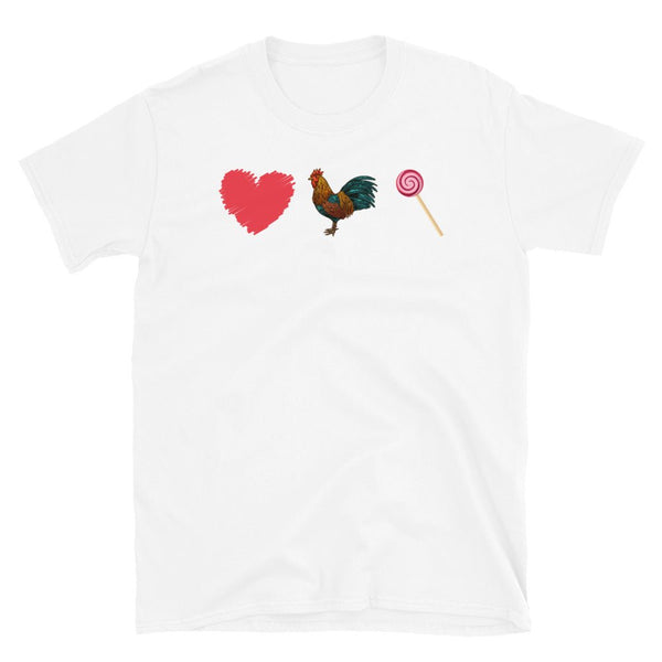 Funny Gay T-Shirt, Heart, Cock, Sucker Emoji T-Shirt with colorful graphics on white fabric.