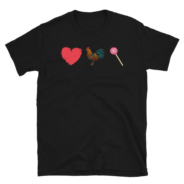 Black funny gay t-shirt featuring heart, rooster, and lollipop graphics.