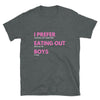 Dark grey funny gay shirt featuring bold pink text, perfect for pride apparel or gay gift.