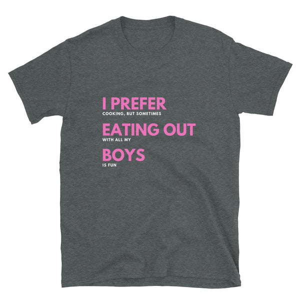 Dark grey funny gay shirt featuring bold pink text, perfect for pride apparel or gay gift.