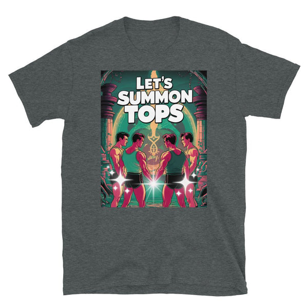 Funny Gay Tops & Bottom T-Shirt featuring two men summoning tops graphic.