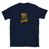 Funny Golden Shower Shirt - When It Rains It Pours Tee - LGBTQ Gay Watersports printed on navy blue tee.