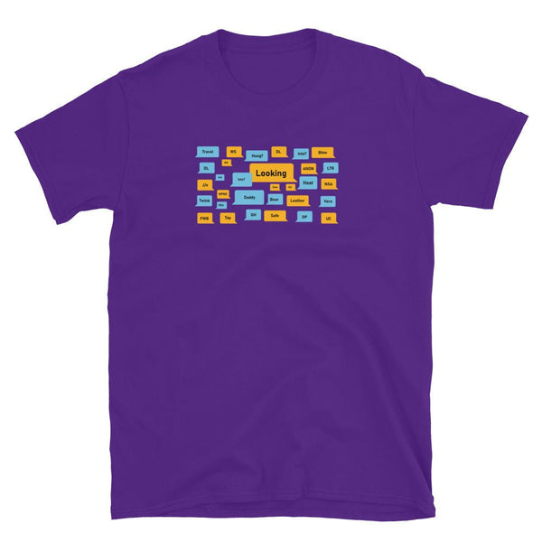Funny Grindr Messages Grindr dialogues LGBT Shirt in purple with colorful text design.