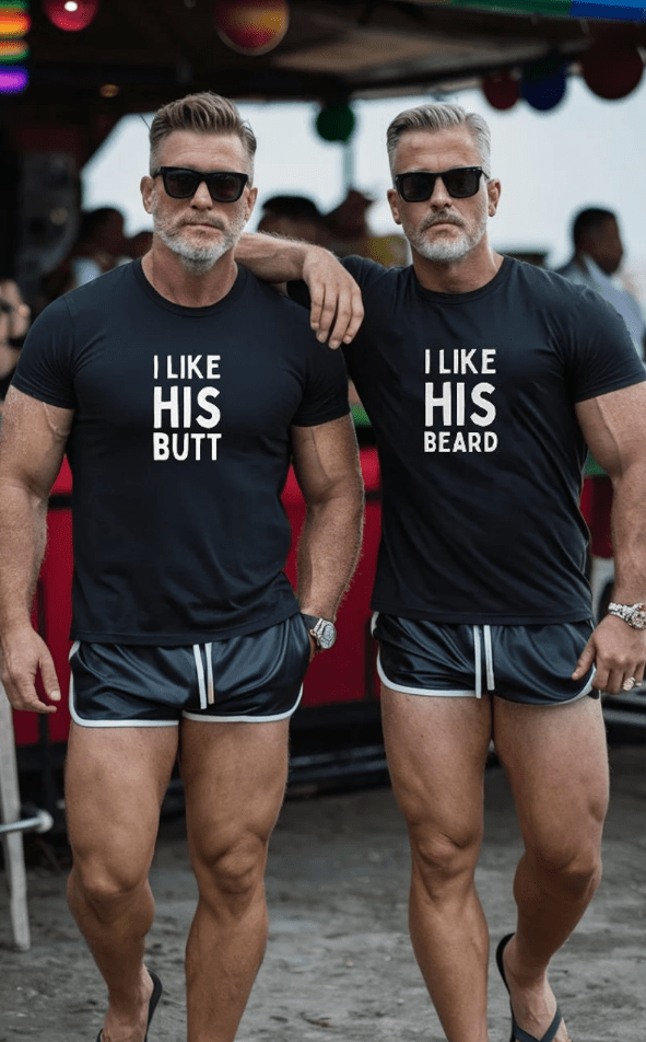 Matching funny LGBTQ+ couple shirts with designs for boyfriend and husband, in black.