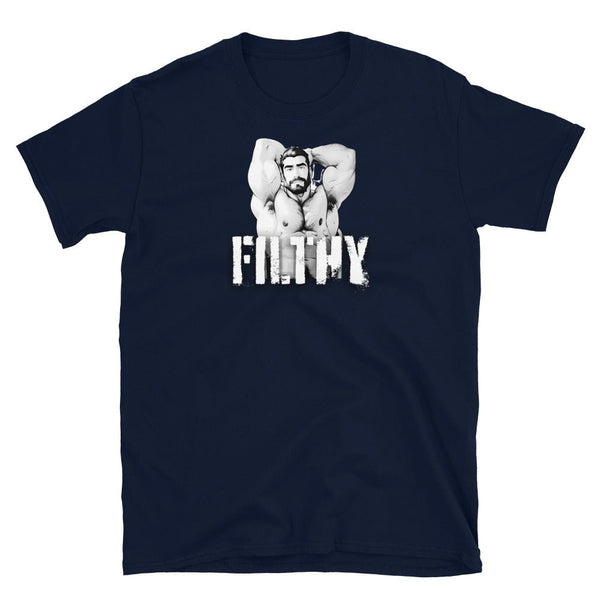 Funny Muscle Bear Gay Shirt for men, Filthy Tee, Gift for Gay Guy, Sarcastic LBGTQ Shirt design on navy t-shirt.
