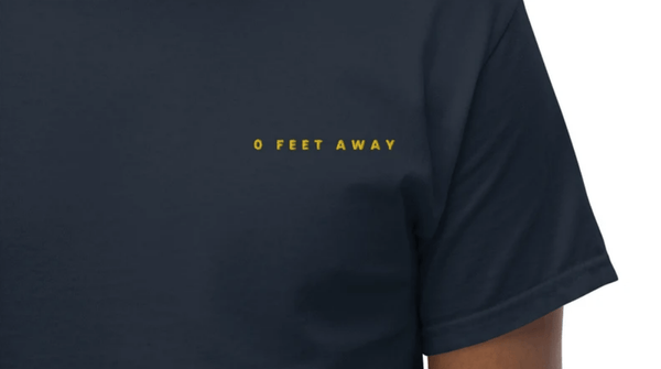 Navy gay shirt featuring 'O FEET AWAY' embroidery, perfect for pride apparel.