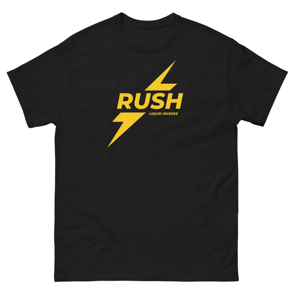 Funny Rush Incense Poppers Graphic Tee in black with bold yellow lightning design