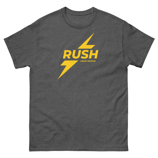 Funny Rush Incense Poppers Graphic Tee in dark grey with yellow graphic design.