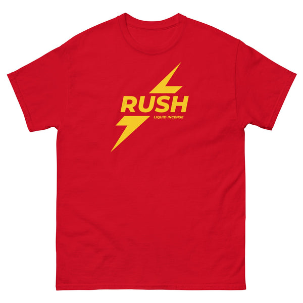 Red funny gay shirt featuring bold yellow "RUSH" graphic design.