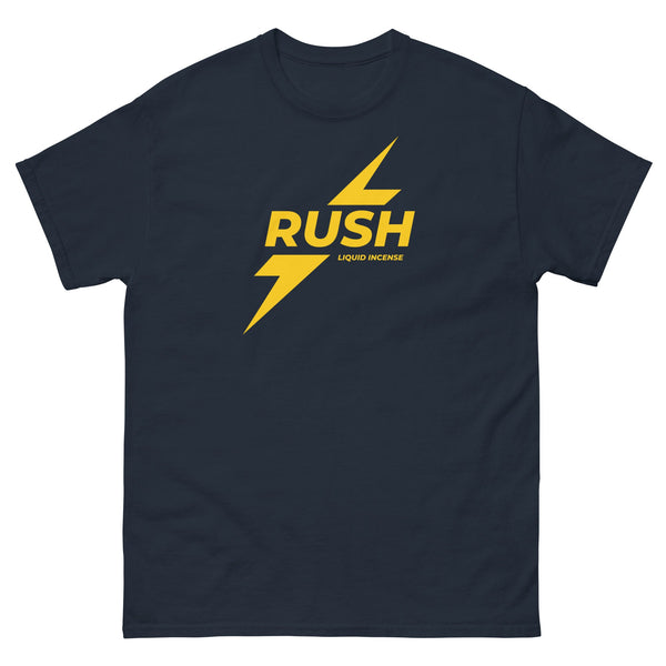 Funny Rush Incense Poppers Graphic Tee in navy with bold graphic design.