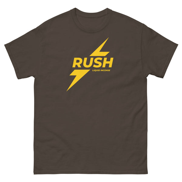 Funny Rush Incense Poppers Graphic Tee in brown with yellow lightning bolt design.
