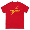 Red graphic tee featuring 'One Sniff & Anything Fits' design for gay pride apparel.