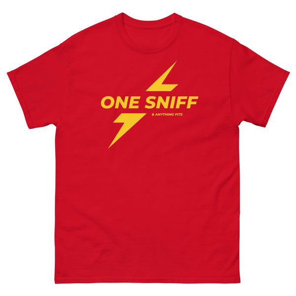 Red graphic tee featuring 'One Sniff & Anything Fits' design for gay pride apparel.