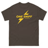 Funny Rush Incense Poppers - One Sniff & Anything Fits Graphic Tee in brown with yellow lightning design.