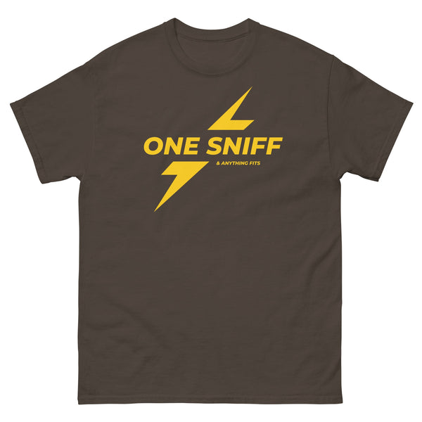 Funny Rush Incense Poppers - One Sniff & Anything Fits Graphic Tee in brown with yellow lightning design.