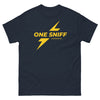 Unisex navy shirt featuring 'One Sniff & Anything Fits' graphic in yellow.