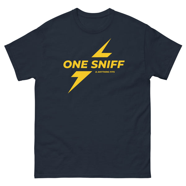 Unisex navy shirt featuring 'One Sniff & Anything Fits' graphic in yellow.