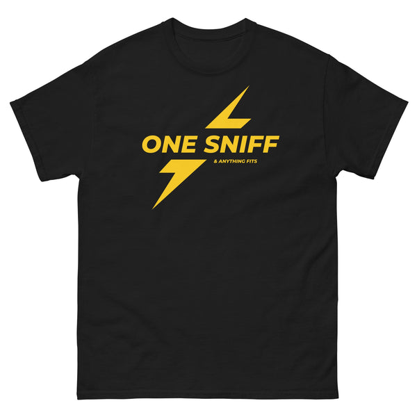 Funny Rush Incense Poppers - One Sniff & Anything Fits Graphic Tee in black, featuring bold yellow lightning design.