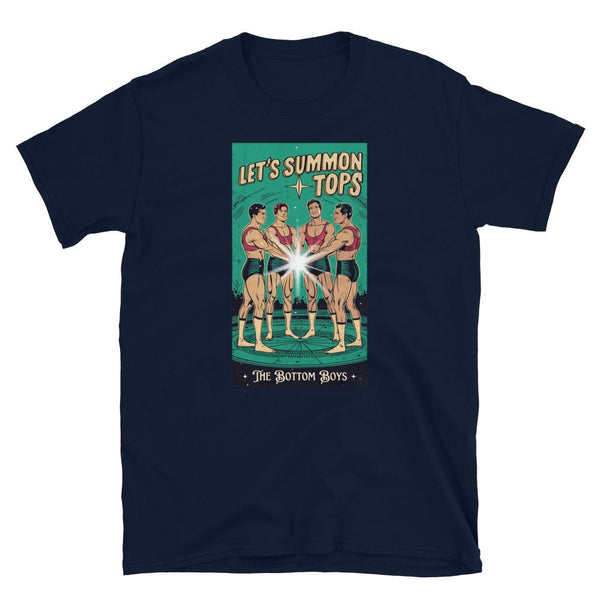 Funny Tarot Gay Let's Summon Tops TShirt featuring four men graphic, navy blue color, LGBT pride apparel.