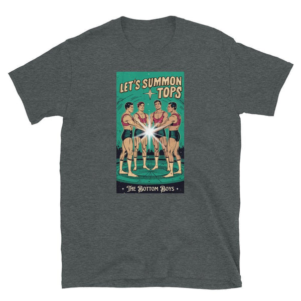 Funny Tarot Gay Let's Summon Tops TShirt featuring muscular men, gay pride apparel.