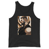 Black tank top featuring gay abstract art of a bearded man, gay pride apparel.