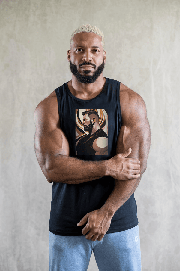 Muscular man in black tank top featuring Gay Abstract Art Bearded Hunks - Adam Tank Top design.
