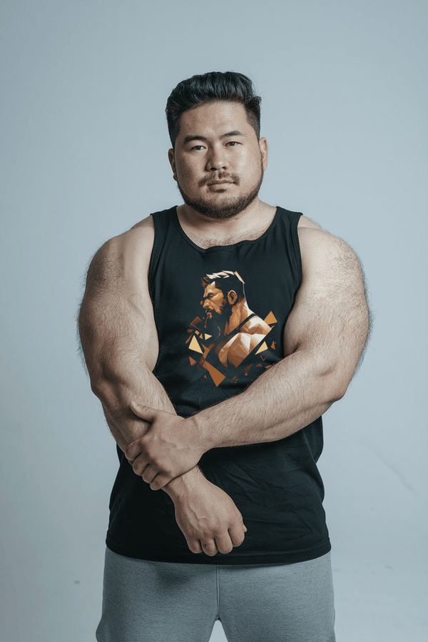 Gay Abstract Art Bearded Hunks - David Tank Top on muscular man, showcasing vibrant bear graphic design.