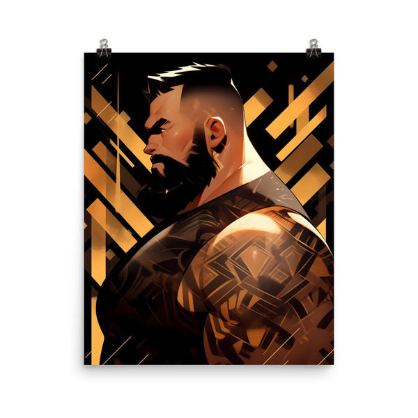 Gay Allen: ADAM, Gay Print, Gay Muscle Bear Art, Bearded muscular man on black and gold background