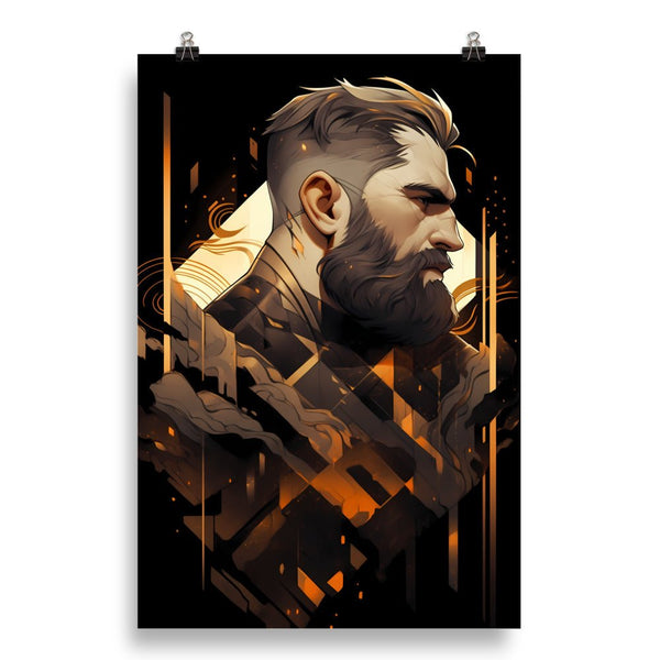 Art print of a bearded man, featuring geometric designs, in a gay muscle bear art style.