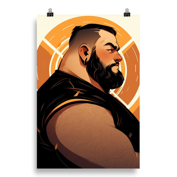 Profile of a muscular bearded man in vibrant colors, gay art print.