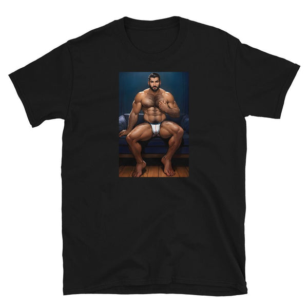 Black shirt featuring gay art of a muscle hunk for LGBTQ pride apparel.