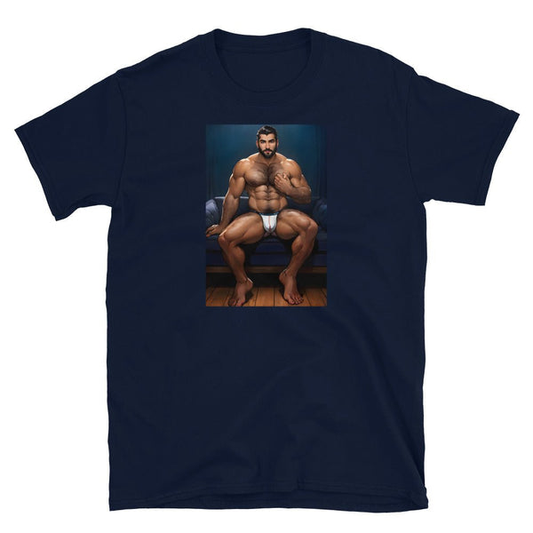 Gay Art Muscle Hunk Daddy Gay LGBTQ Pride Leather Daddy Gay Pride t-shirt with graphic of muscular man.