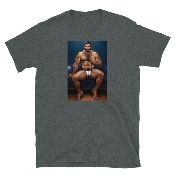 Gay Art Muscle Hunk Daddy Gay LGBTQ Pride Leather Daddy Gay Pride shirt on a dark heather t-shirt.