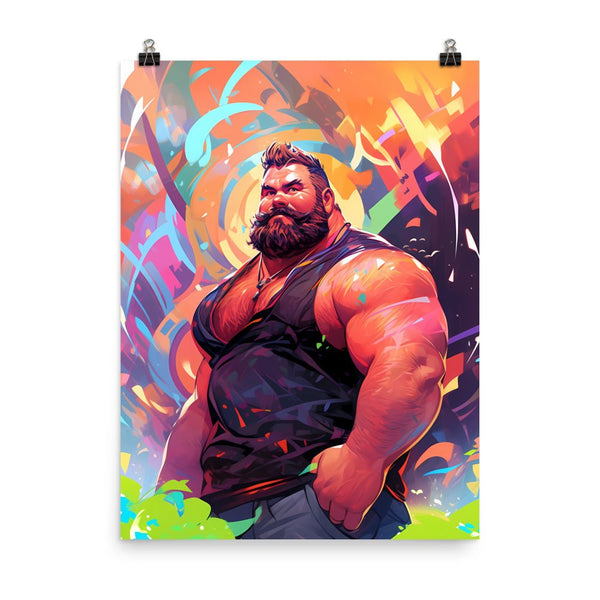 Gay Art: Tom, Gay Print, Gay Muscle Bear Art, Hot Gay Bear, Jock Muscle, Bearded Hot Daddy Poster on colorful background.