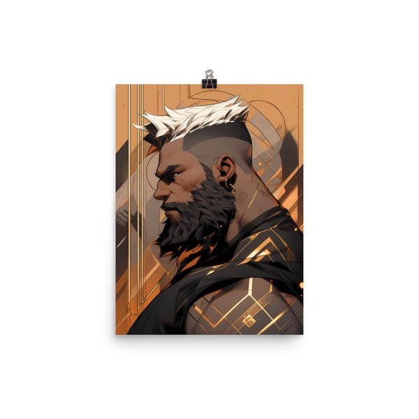 Profile portrait of a muscular black man with a stylish haircut, inspired gay art design.