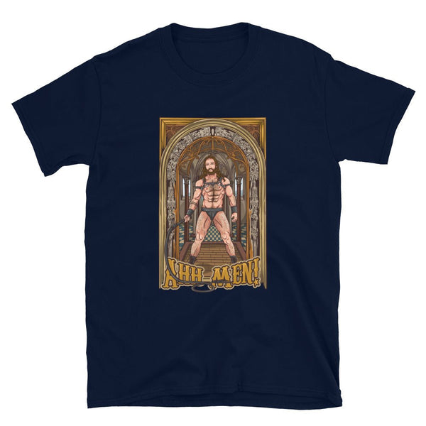 Gay BDSM Jesus - Tshirt featuring a muscular figure in a vivid graphic design.