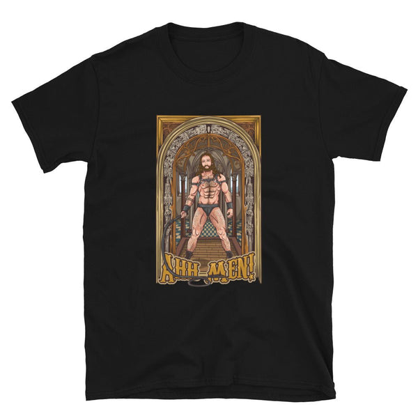 Gay BDSM Jesus - Tshirt featuring a muscular man in a provocative design on a black tee.