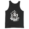 Black tank top featuring a muscular man with 'Woof!' graphic, gay pride apparel.