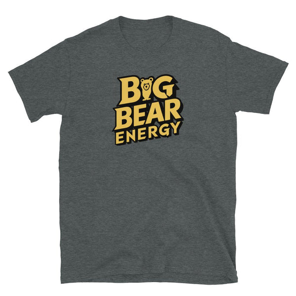 Gay Bear Energy Tee with a bold graphic on a dark grey shirt, perfect gay gift.