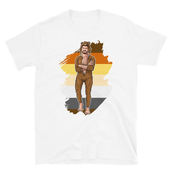 Illustration of a muscular bear man on a white gay pride shirt.