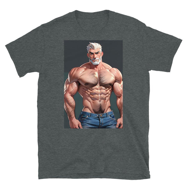 Gay Bear Jock T-Shirt Bear Pride Outfit Daddy Bear Muscle Bear Gift for Bear 2 featuring muscular character design on dark shirt.