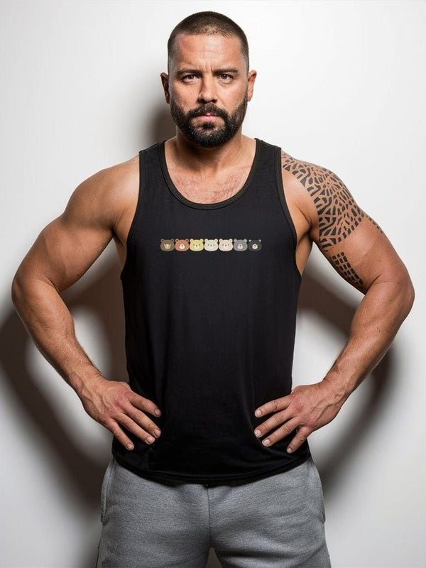 Muscular man in a black gay bear shirt featuring colorful bear graphics.