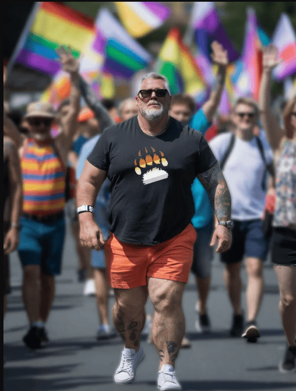 Man in gay bear shirt with paw design at pride parade, celebrating gay pride.